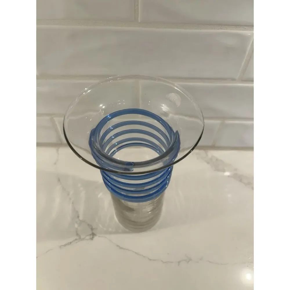 Vintage vase Applied Blue Swirl‎ on Clear Glass Vase 8.75” Art Glass